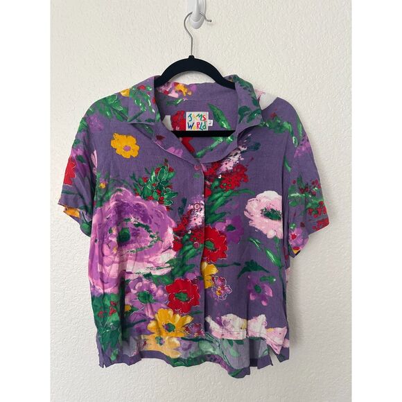 Vintage Jams World Dancing Bouquet Ladies Cropped Button Down Shirt Size Large - Picture 1 of 7